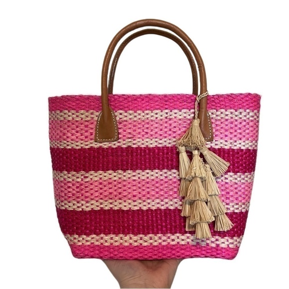 Jack Rogers Pink White Striped Straw Tote with Tassel - Picture 1 of 9